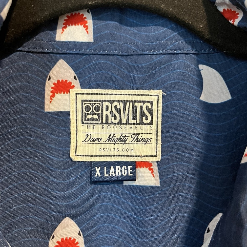 RSVLTS Men's Shirt Size XL Chomp Shark Shirt Short Sleeve Blue Button Up Summery - Picture 2 of 11